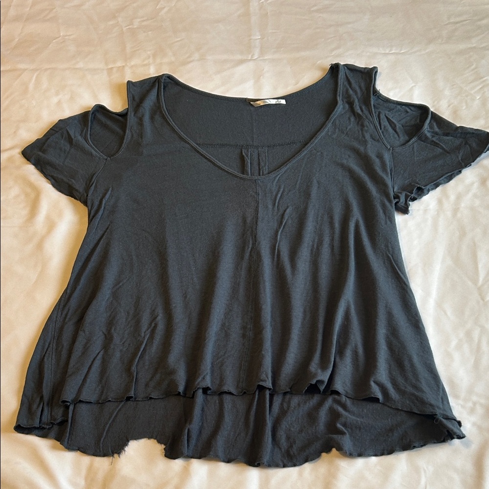 Free People Slate Blue Cold Shoulder Flowy Blouse